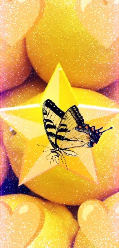 A vibrant yellow lemon wallpaper with a butterfly and star design.