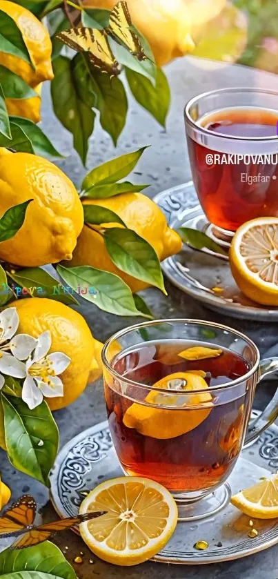 Lemon tea in glass cups with fresh lemons and flowers.