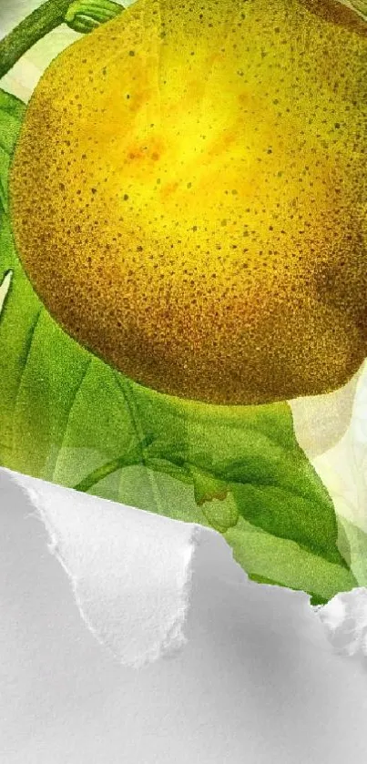 Watercolor lemon with green leaves on torn paper background.