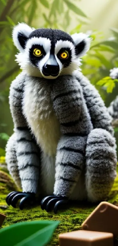 Lemur with yellow eyes sitting in a green jungle setting.