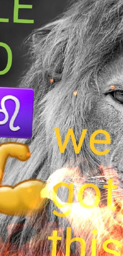 Lion with Leo symbol and motivational text in grayscale.