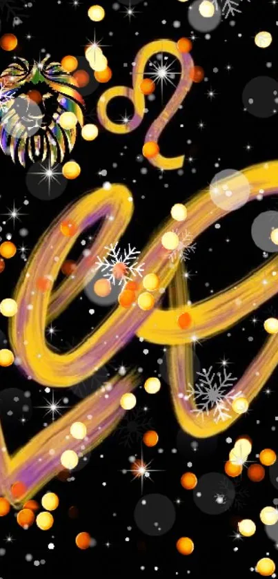 Vibrant Leo zodiac wallpaper with golden accents on a starry black background.