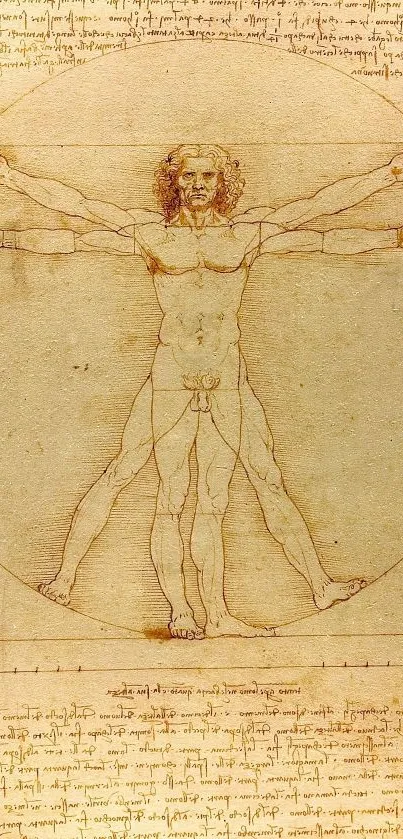 Vitruvian Man by Leonardo da Vinci in sepia tones.