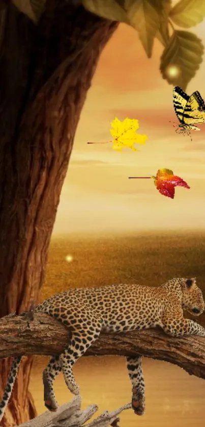 Leopard lounges on tree in golden autumn setting with leaves and butterflies.