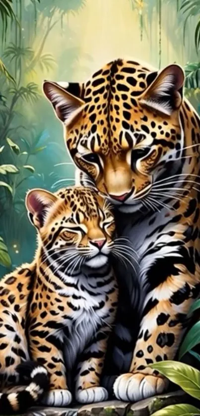 Illustrated leopard and cub in jungle setting with vibrant greenery.