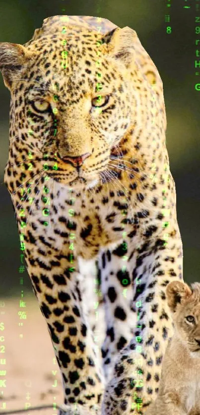 Leopard and cub with matrix code overlay on mobile wallpaper.