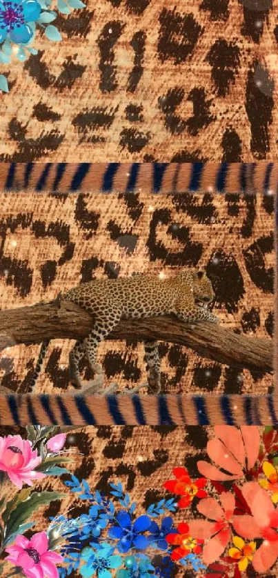 Leopard on branch with floral accents in vibrant design.