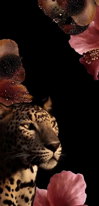 Leopard with floral accents on a dark background.