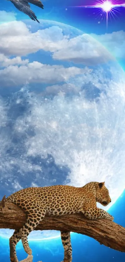 Fantasy leopard on branch with blue moon and night sky.