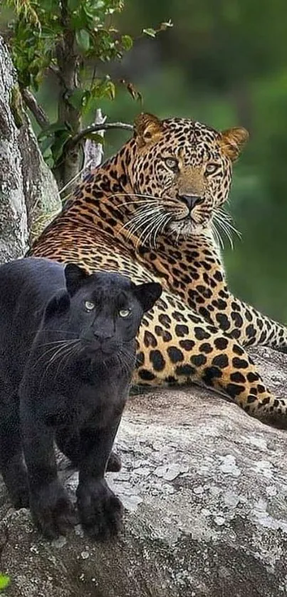 Leopard and panther lounging on a rock in a jungle setting.