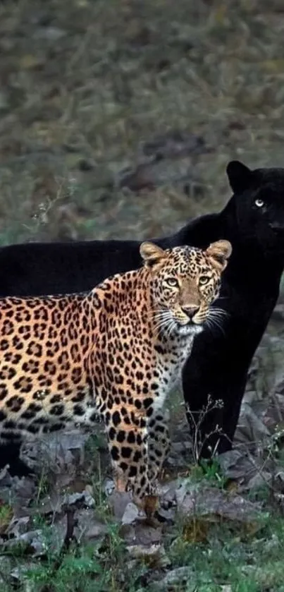 Leopard and black panther together in a forest.