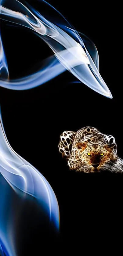 Leopard head with glowing smoke art on black background.