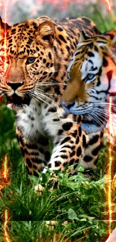 Leopard and tiger in lush greenery wallpaper.