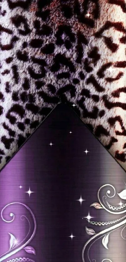 Elegant mobile wallpaper with leopard print and violet floral accents.