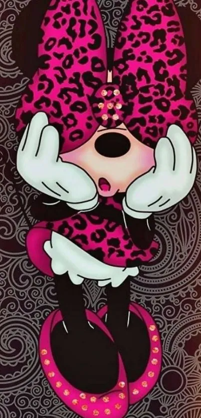 Cartoon character with a leopard print bow on a decorative background.