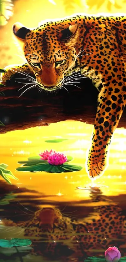 A leopard relaxes by a glowing pond surrounded by vibrant nature.