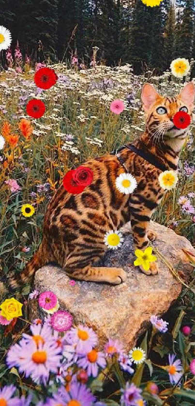 Bengal cat sitting on a rock surrounded by colorful wildflowers in a meadow.