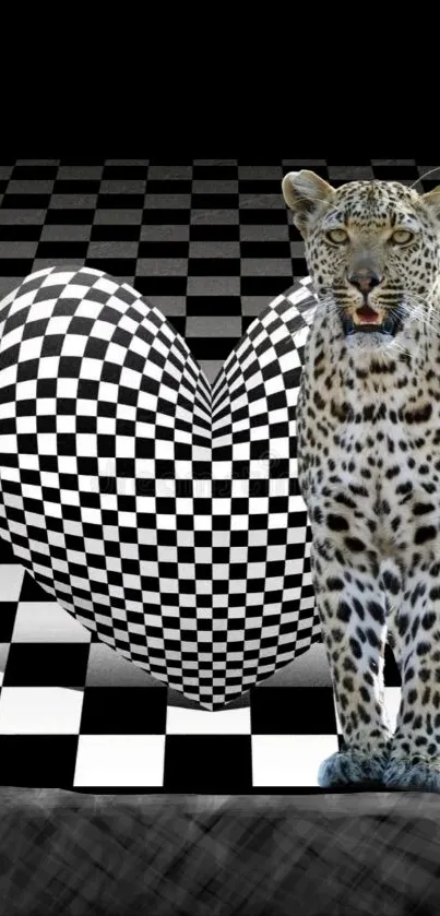 Leopard and checkered heart on abstract black background.