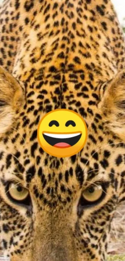 Close-up of a leopard with a golden fur coat, focused eyes, and an emoji overlay.