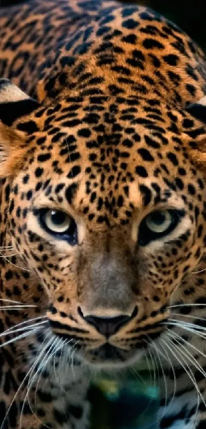 Close-up of a leopard with striking spots and intense gaze.