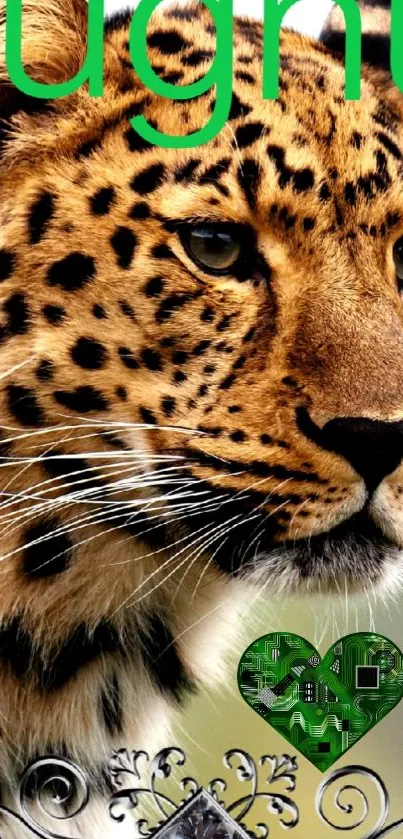 Close-up of a leopard with vivid detail and a heart-shaped element below.