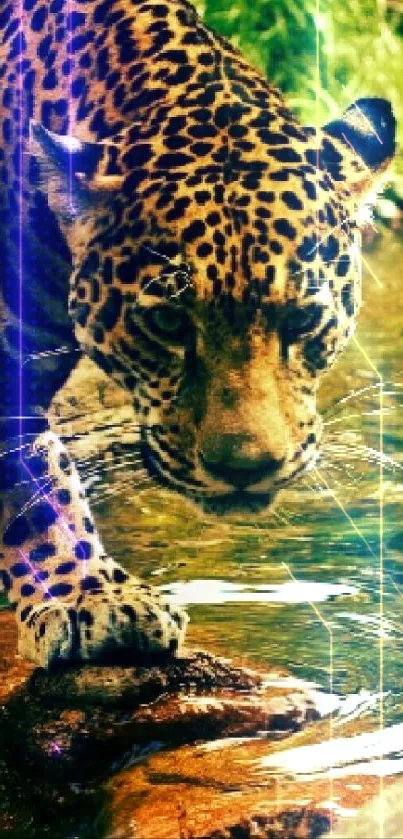 Leopard crossing stream in jungle setting wallpaper.