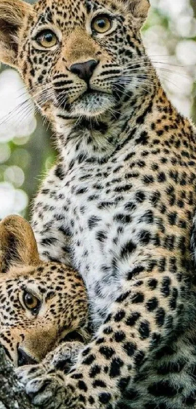 Leopard cubs nestled in tree, vibrant nature scene.