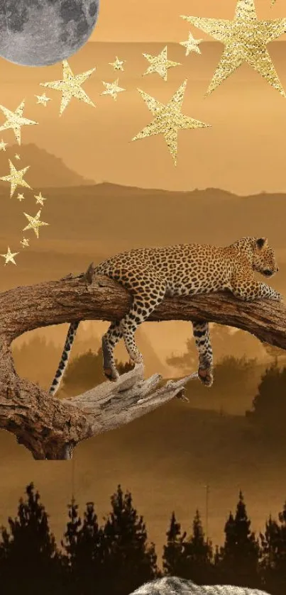 Leopard rests on a tree branch under a starry night sky in a golden brown landscape.