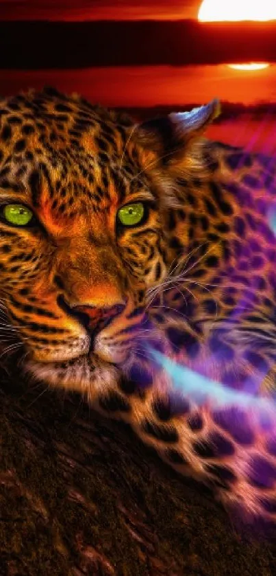 Leopard resting on a tree at sunset with neon lighting effects.