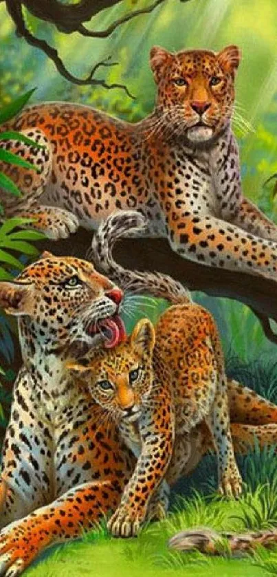 Leopard family resting in a vibrant green jungle setting.