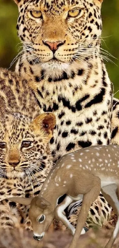 Leopard family with a fawn in a lush green setting wallpaper.
