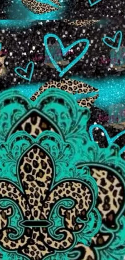 Leopard fleur-de-lis with blue hearts on black background.