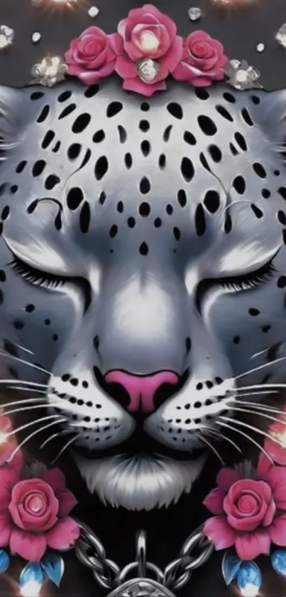 Elegant leopard with floral design on mobile wallpaper.