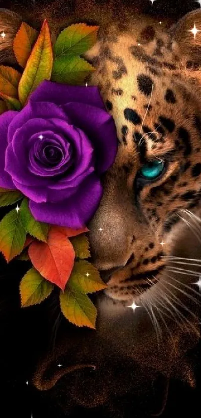 Leopard face with purple rose and leaves design wallpaper.