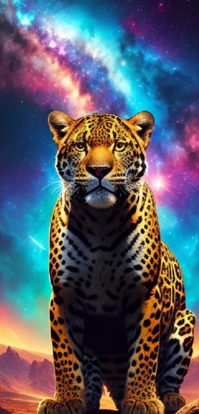 Leopard sitting against a stunning galaxy background with vibrant colors of space.