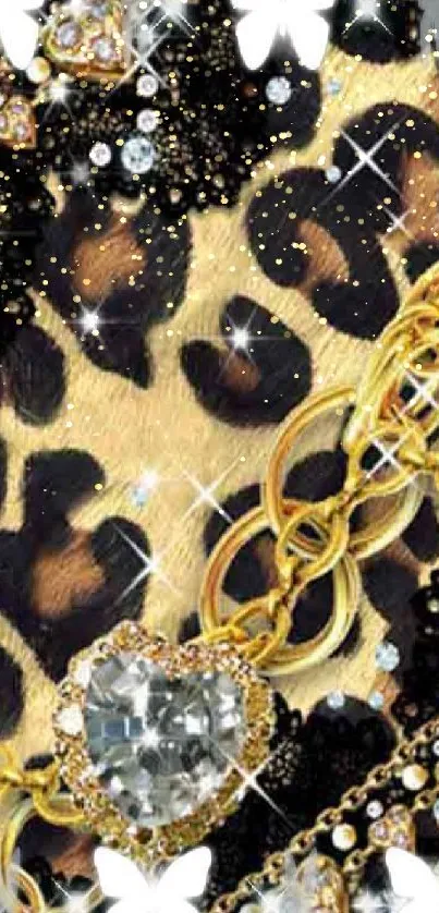 Glamorous leopard print with jewels and butterflies on phone screen.