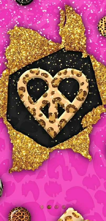 Leopard print heart with glitter on pink backdrop.