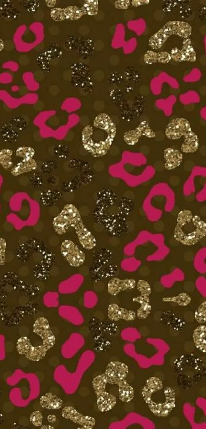 Leopard print mobile wallpaper with gold and pink glitter patterns on brown.