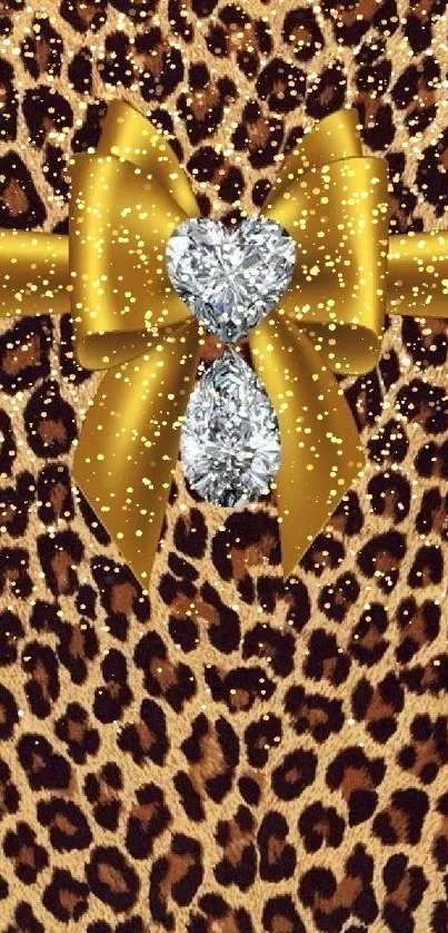 Leopard print wallpaper with gold bow and diamond accents.