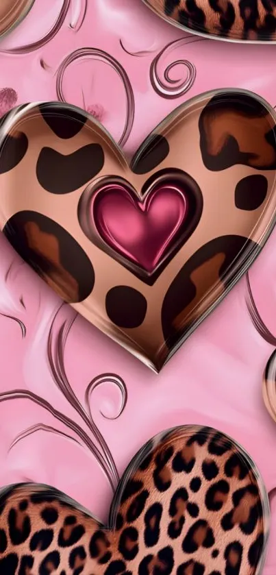 Leopard print heart with pink background.