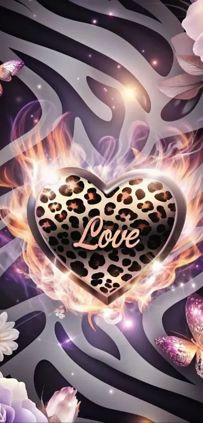 Leopard heart with flames, butterflies, and flowers on a zebra pattern.