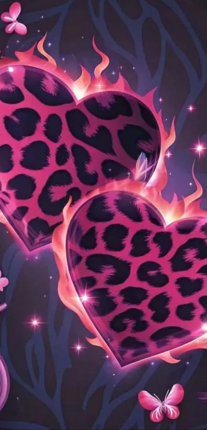 Leopard print hearts surrounded by flames on a dark background.