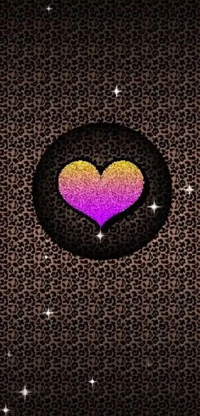 Colorful heart over leopard print background wallpaper.