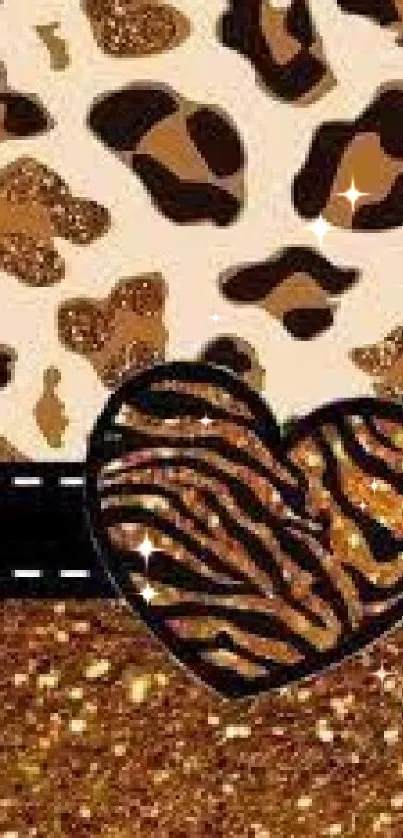 Leopard and glitter heart wallpaper for mobile phones.