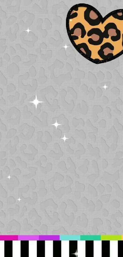 Grey wallpaper with leopard heart and colorful border.