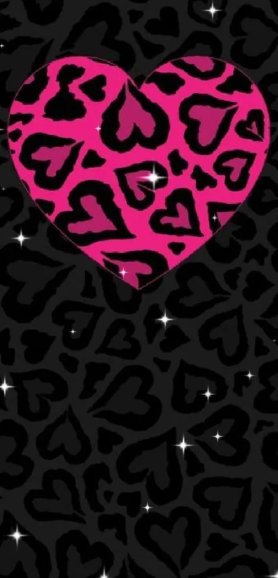 Pink leopard heart pattern on a black background wallpaper.