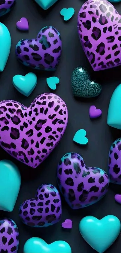 Colorful leopard heart pattern wallpaper with teal and purple hues.