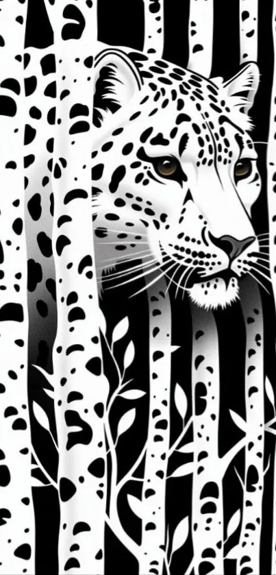Leopard blended into birch forest in monochrome style.