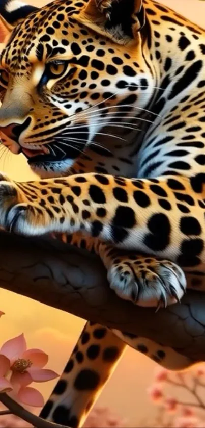 Leopard resting on a branch with cherry blossoms in sunset glow.