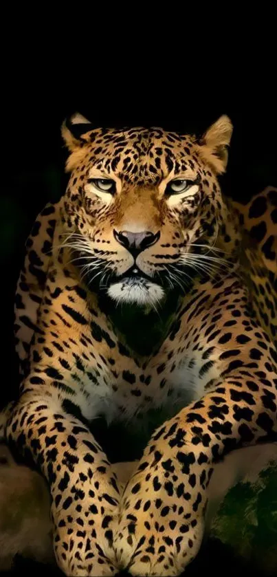 Majestic leopard lying in darkness, mobile wallpaper.
